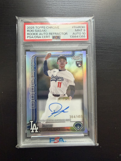 ROKI SASAKI 2025 ROOKIE AUTO #384/499 PSA 9 MINT 10