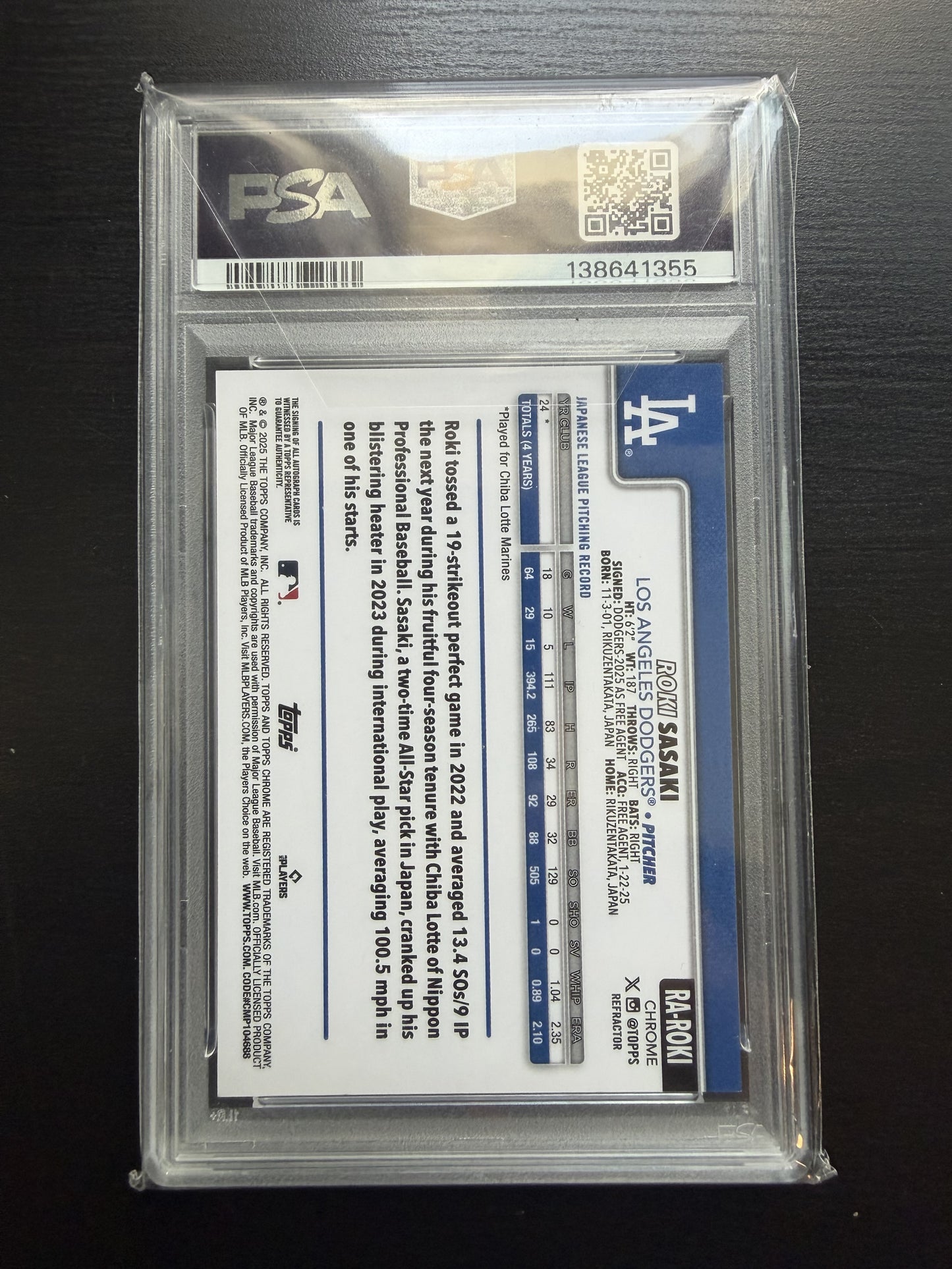 ROKI SASAKI 2025 ROOKIE AUTO #384/499 PSA 9 MINT 10