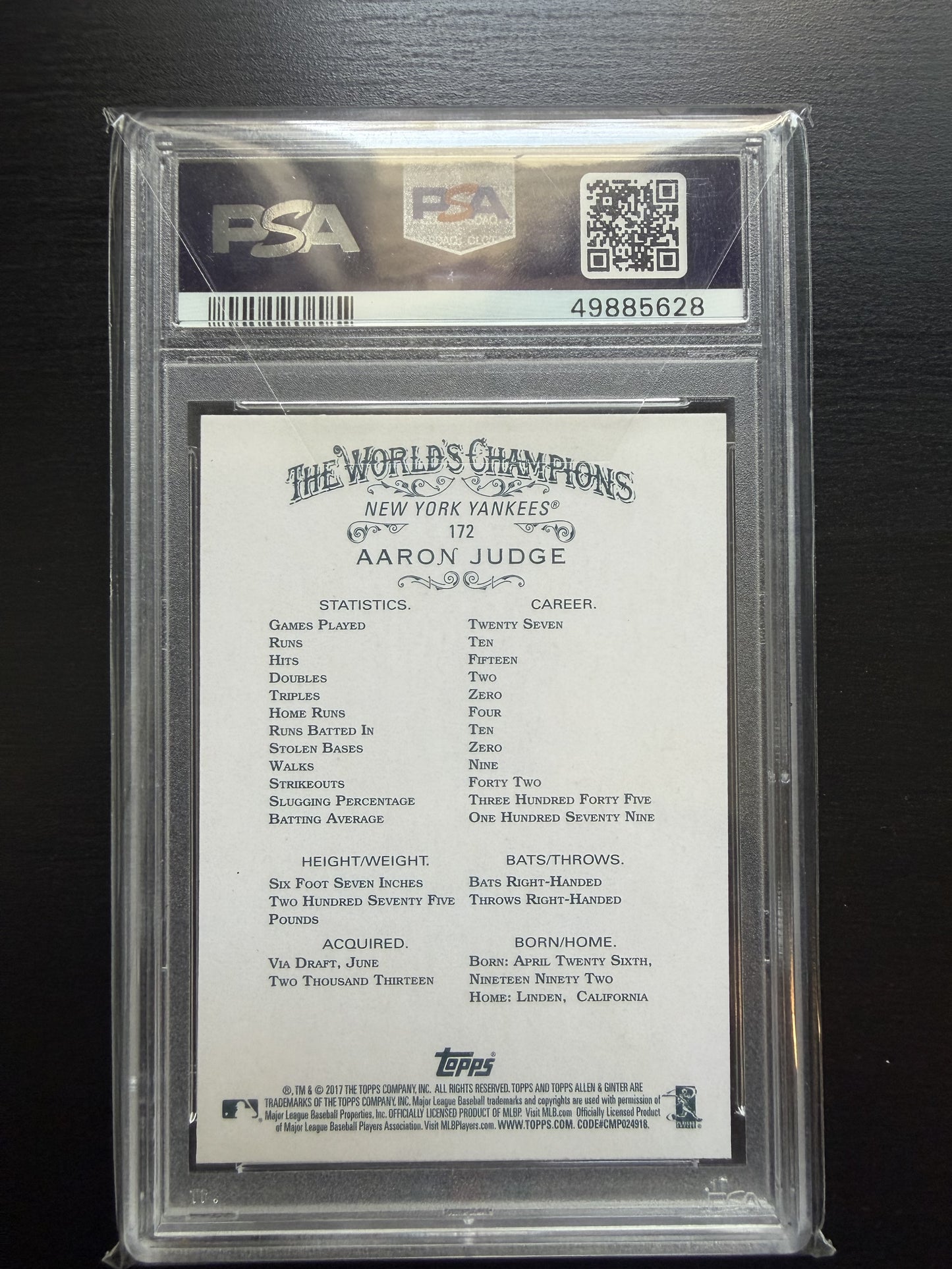 AARON JUDGE 2017 ALLEN & GINTER PSA 10